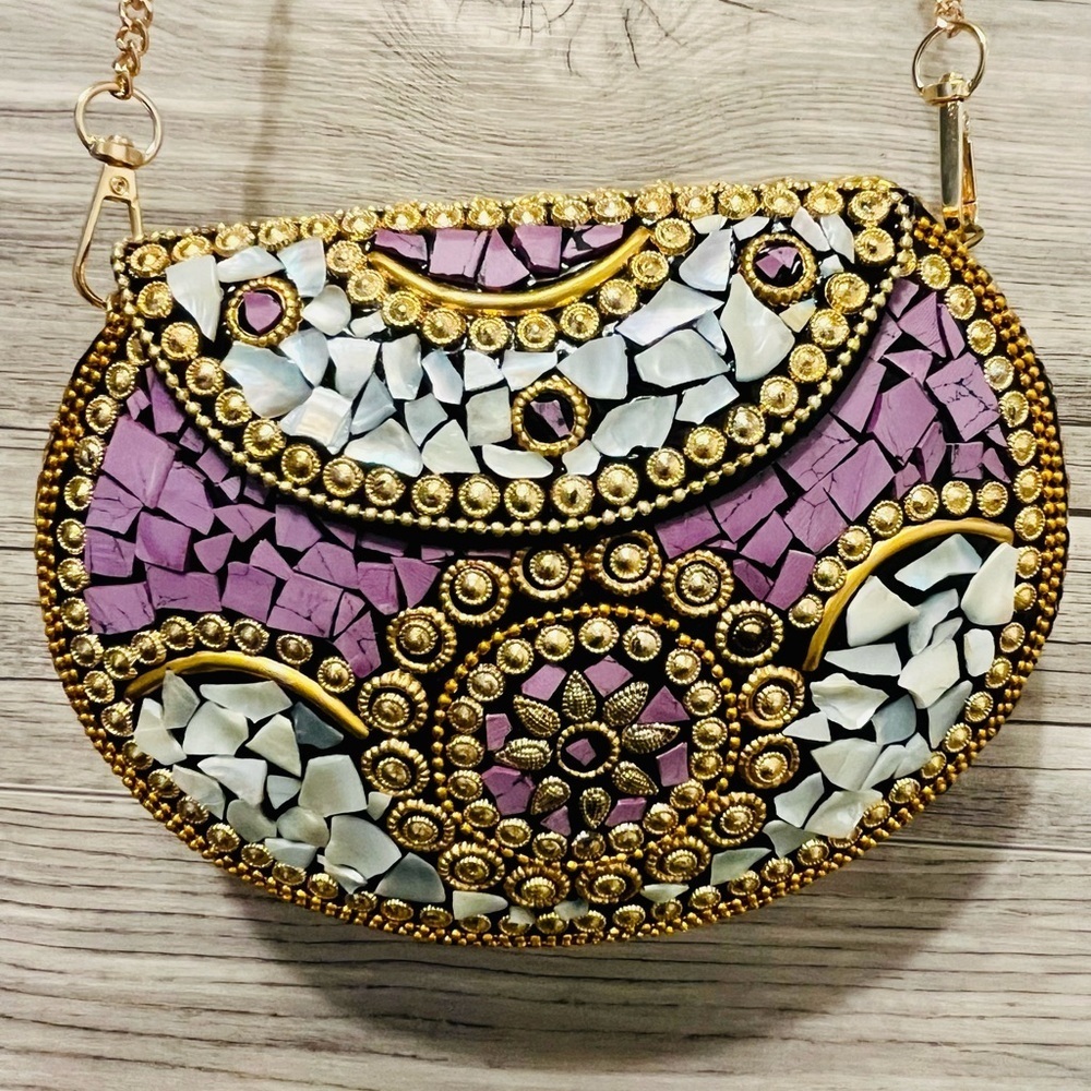 Ramla Handmade Purple Mosaic Clutch Bag with Gold an Pearl Accents